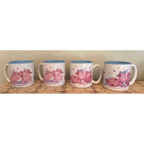 Set of 4 Vintage Pink Pig Out Coffee Mugs - Picture 1 of 9